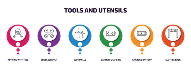 tools and utensils infographic element with outline icons and 6 step or option. tools and utensils icons such as key ring with two keys, cross wrench, windmills, battery charging, charged battery,