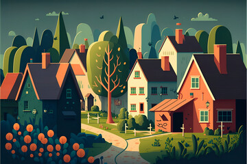 cartoon landscape with houses
