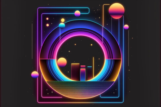 Neon rainbow vector portal to outer space with moons stars planets and dark background, generative ai