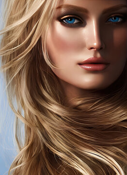 Fototapeta Face of beautiful woman with blonde hair, realistic 3d illustration: close-up of a gorgeous, beautiful young woman's face. Generative AI.