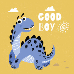Cute dinosaur. Best for children designs, tees, birthday flyers and invitations. Dino party template. Vector illustration.