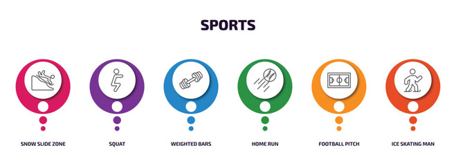 sports infographic element with outline icons and 6 step or option. sports icons such as snow slide zone, squat, weighted bars, home run, football pitch, ice skating man vector.