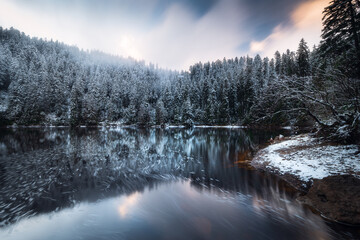 Fototapeta na wymiar Winter sunset view of serene lake in the Black Forest, trees reflecting in the water, Southern Germany