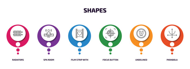 shapes infographic element with outline icons and 6 step or option. shapes icons such as radiators, spa room, film strip with heart, focus button, undelined, parabola vector. - obrazy, fototapety, plakaty