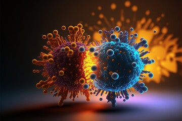 Coronavirus-Zellen oder Bakterien-Molekül. Virus Zellspaltung, Spaltung, Mutation Virus, Grippe, Ansicht eines Virus unter dem Mikroskop, Infektionskrankheit, Medizinisch, Generative AI