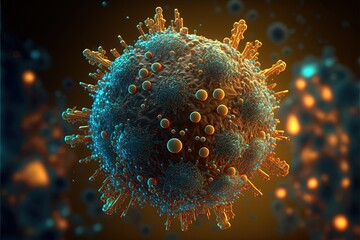 Coronavirus-Zellen oder Bakterien-Molekül. Virus Covid-19. Virus isoliert auf Weiß. Nahaufnahme einer Grippe, Ansicht eines Virus unter dem Mikroskop, Infektionskrankheit, Medizinisch, Generative AI