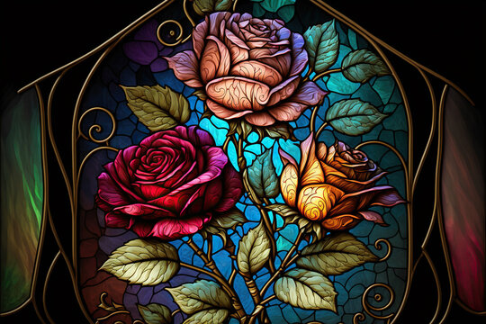 beautiful stained glass roses, Generative AI