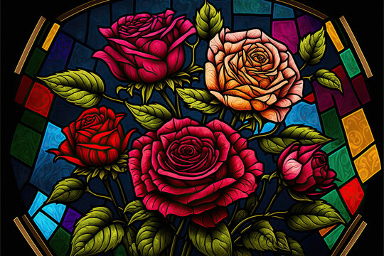 colorful stained glass roses, Generative AI