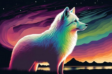 An arctic fox with an Aurora in the sky at night