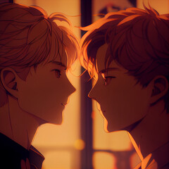 Kiss of two guys in love anime style. Generative AI Content.