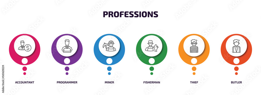 Aufkleber professions infographic element with outline icons and 6 step or option. professions icons such as a