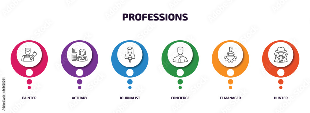 Aufkleber professions infographic element with outline icons and 6 step or option. professions icons such as p