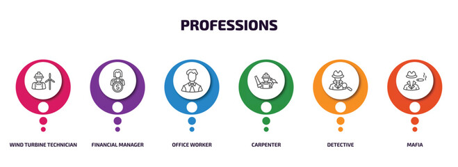 professions infographic element with outline icons and 6 step or option. professions icons such as wind turbine technician, financial manager, office worker, carpenter, detective, mafia vector.