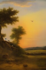 Landscape with sky at sunset and a stork in his nest - generative ai 