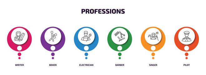 professions infographic element with outline icons and 6 step or option. professions icons such as writer, boxer, electrician, barber, singer, pilot vector.