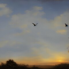 Landscape with sky at sunset and a stork in his nest - generative ai 
