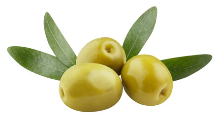 Delicious green olives with leaves cut out