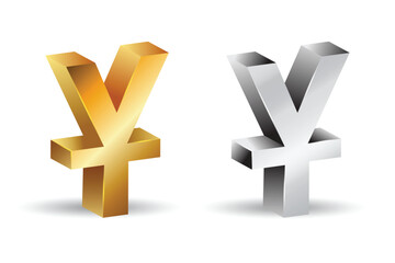 3d symbol of Chinese Yuan in golden and grey shades
