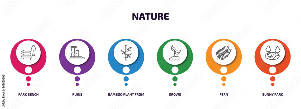 Poster nature infographic element with outline icons and 6 step or option. nature icons such as park bench,