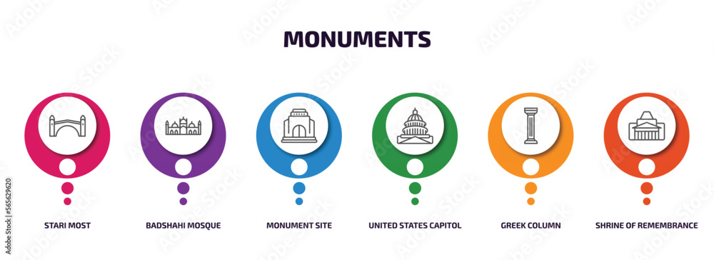 Poster monuments infographic element with outline icons and 6 step or option. monuments icons such as stari