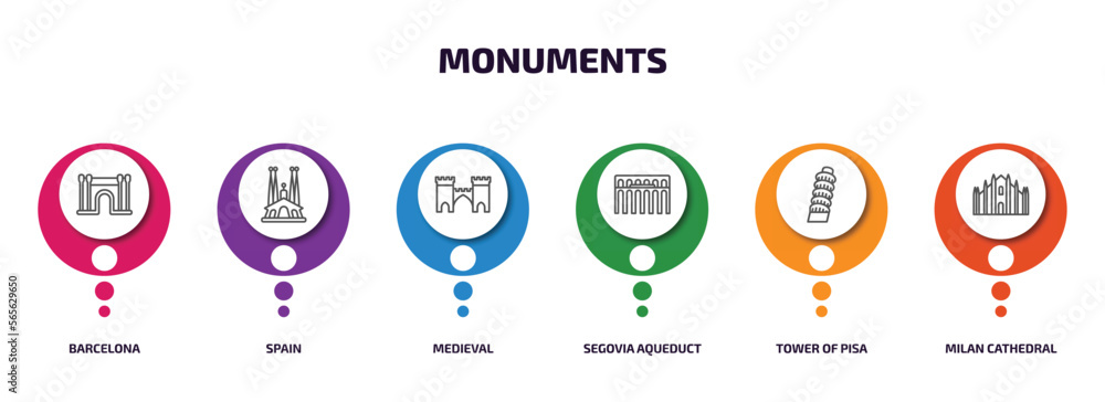 Poster monuments infographic element with outline icons and 6 step or option. monuments icons such as barce