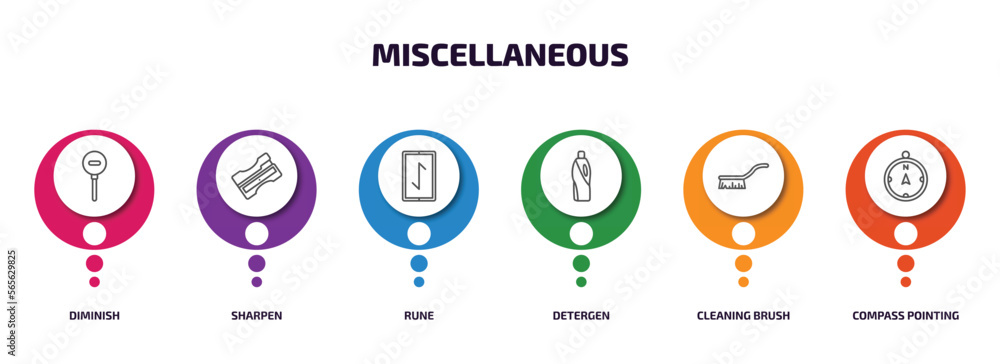 Poster miscellaneous infographic element with outline icons and 6 step or option. miscellaneous icons such 