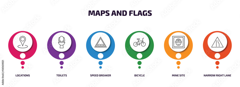 Poster maps and flags infographic element with outline icons and 6 step or option. maps and flags icons suc