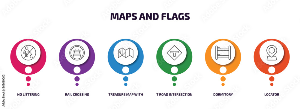 Poster maps and flags infographic element with outline icons and 6 step or option. maps and flags icons suc