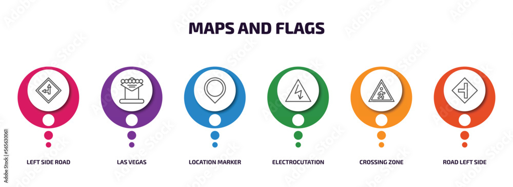 Poster maps and flags infographic element with outline icons and 6 step or option. maps and flags icons suc