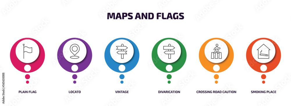 Poster maps and flags infographic element with outline icons and 6 step or option. maps and flags icons suc