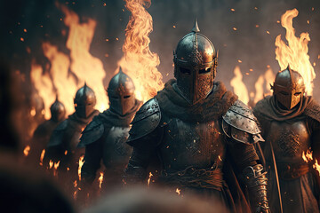 Knights on battlefield after victory. Everything is on fire. Knights are a warrior in armor and helmets. Medieval Fantasy Battle - obrazy, fototapety, plakaty