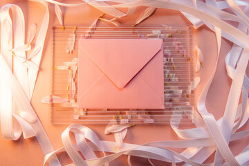 Fototapeta na wymiar holiday card composition. on a pink background an envelope with flowers and a white ribbon