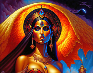 Fantasy sci-fi Inca princess portrait with orange feather headdress. Generative AI illustration. - obrazy, fototapety, plakaty