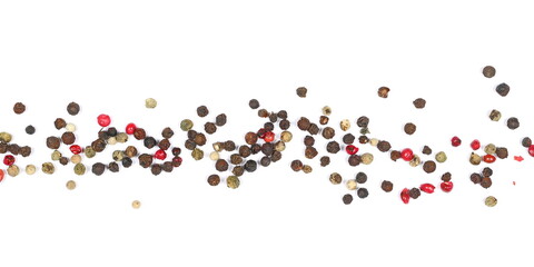 Colorful peppercorn mix, pepper grains line frame and border pile isolated on white, top view