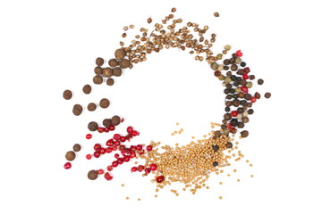 Set frame grainy spice, mix grains red pepper, allspice, coriander seeds, colorful peppercorns,...