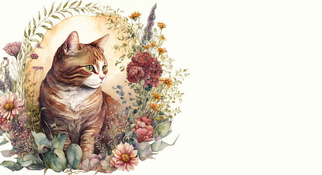 Cat Floral Watercolor Mute Tones  - Generative AI