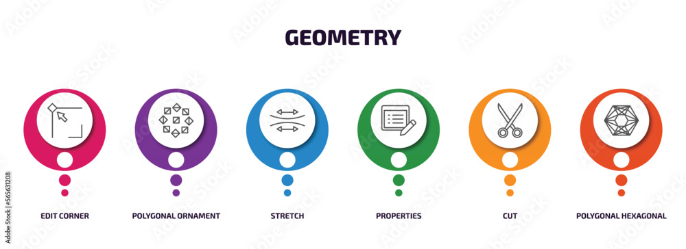 Poster geometry infographic element with outline icons and 6 step or option. geometry icons such as edit co