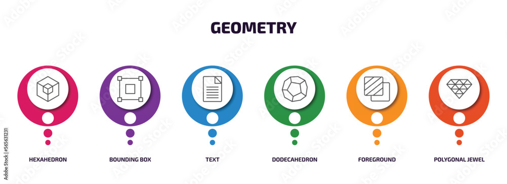 Poster geometry infographic element with outline icons and 6 step or option. geometry icons such as hexahed