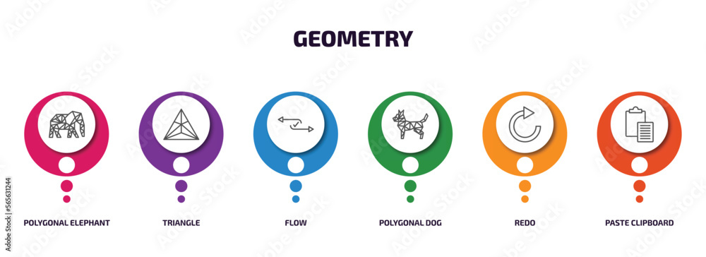 Poster geometry infographic element with outline icons and 6 step or option. geometry icons such as polygon