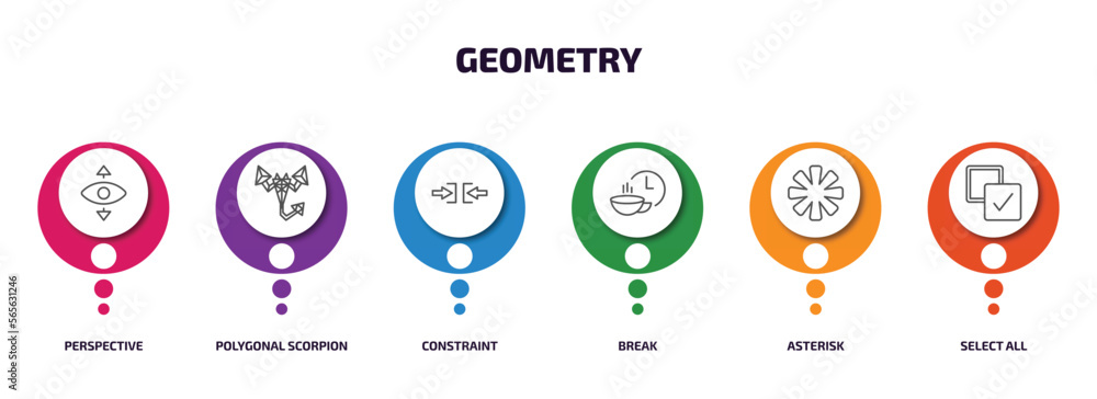 Poster geometry infographic element with outline icons and 6 step or option. geometry icons such as perspec