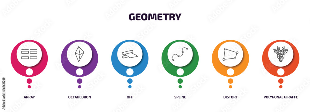 Poster geometry infographic element with outline icons and 6 step or option. geometry icons such as array, 
