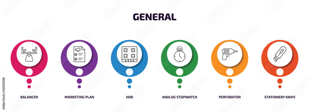 Poster general infographic element with outline icons and 6 step or option. general icons such as balancer,