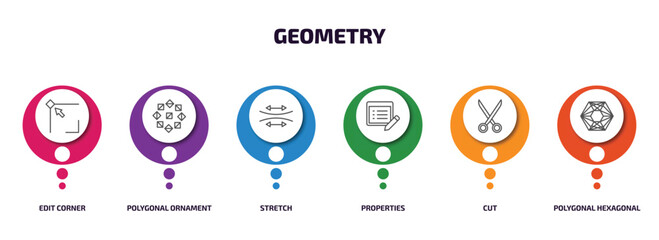 geometry infographic element with outline icons and 6 step or option. geometry icons such as edit corner, polygonal ornament, stretch, properties, cut, polygonal hexagonal vector.