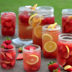 Fototapeta na wymiar Mason jars with tasty strawberry lemonade on table - generative ai