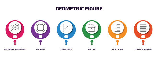 geometric figure infographic element with outline icons and 6 step or option. geometric figure icons such as polygonal megaphone, ungroup, dimensions, unlock, right align, center alignment vector.