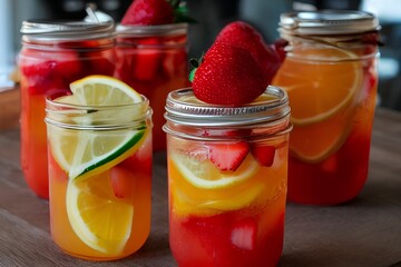 Fototapeta na wymiar Mason jars with tasty strawberry lemonade on table - generative ai