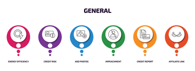 general infographic element with outline icons and 6 step or option. general icons such as energy efficiency, credit risk, add photos, impeachment, credit report, affiliate link vector.