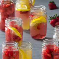 Obraz na płótnie Canvas Mason jars with tasty strawberry lemonade on table - generative ai