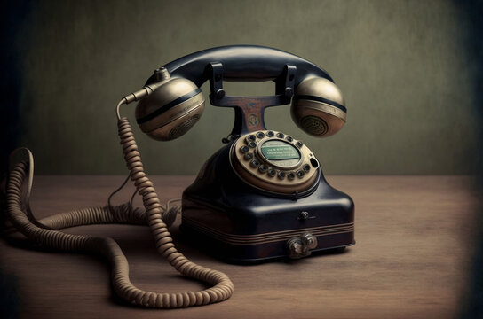 Old Telephone With Long Cord And Rotary Dial Vintage Photo