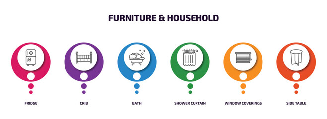 furniture & household infographic element with outline icons and 6 step or option. furniture & household icons such as fridge, crib, bath, shower curtain, window coverings, side table vector.
